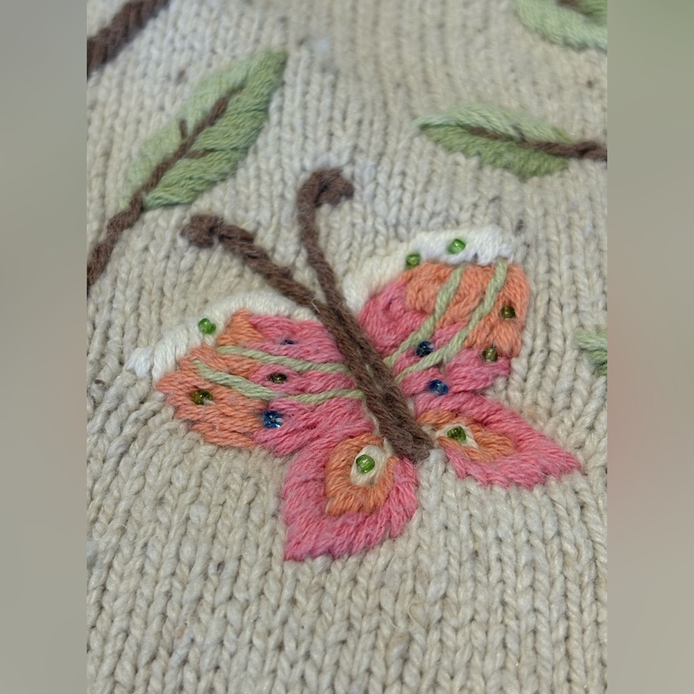 Vintage Silk Blend cream button-up Cardigan w/ Embroidered Birds and Flowers L - Picture 13 of 15
